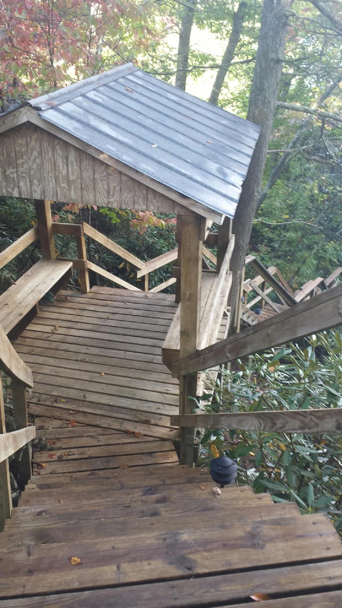 Metal roofed shelter over wooden steps on a wooded walkway — Skylight Repair & Installation work by our crew in Cadillac